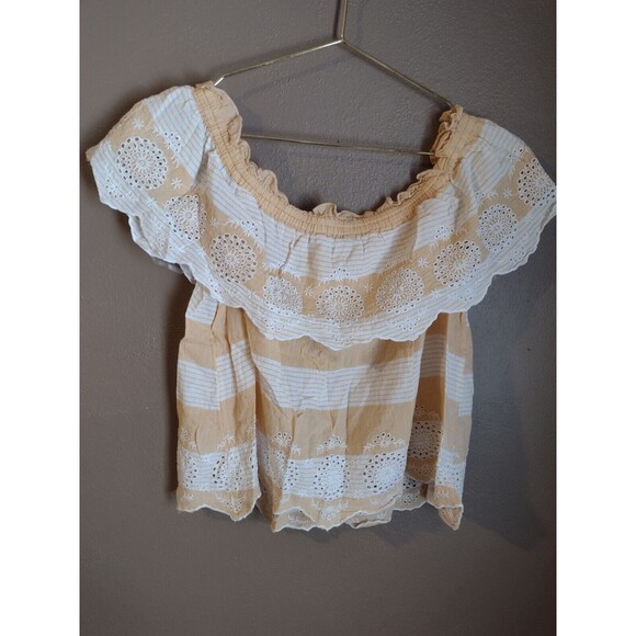 American Eagle XS Off The Shoulder Eyelet Striped Ruffle Relaxed Blouse Crop Top - Picture 7 of 7